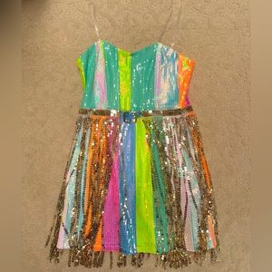 Blue B Collection Rainbow Sequin Belted Dress